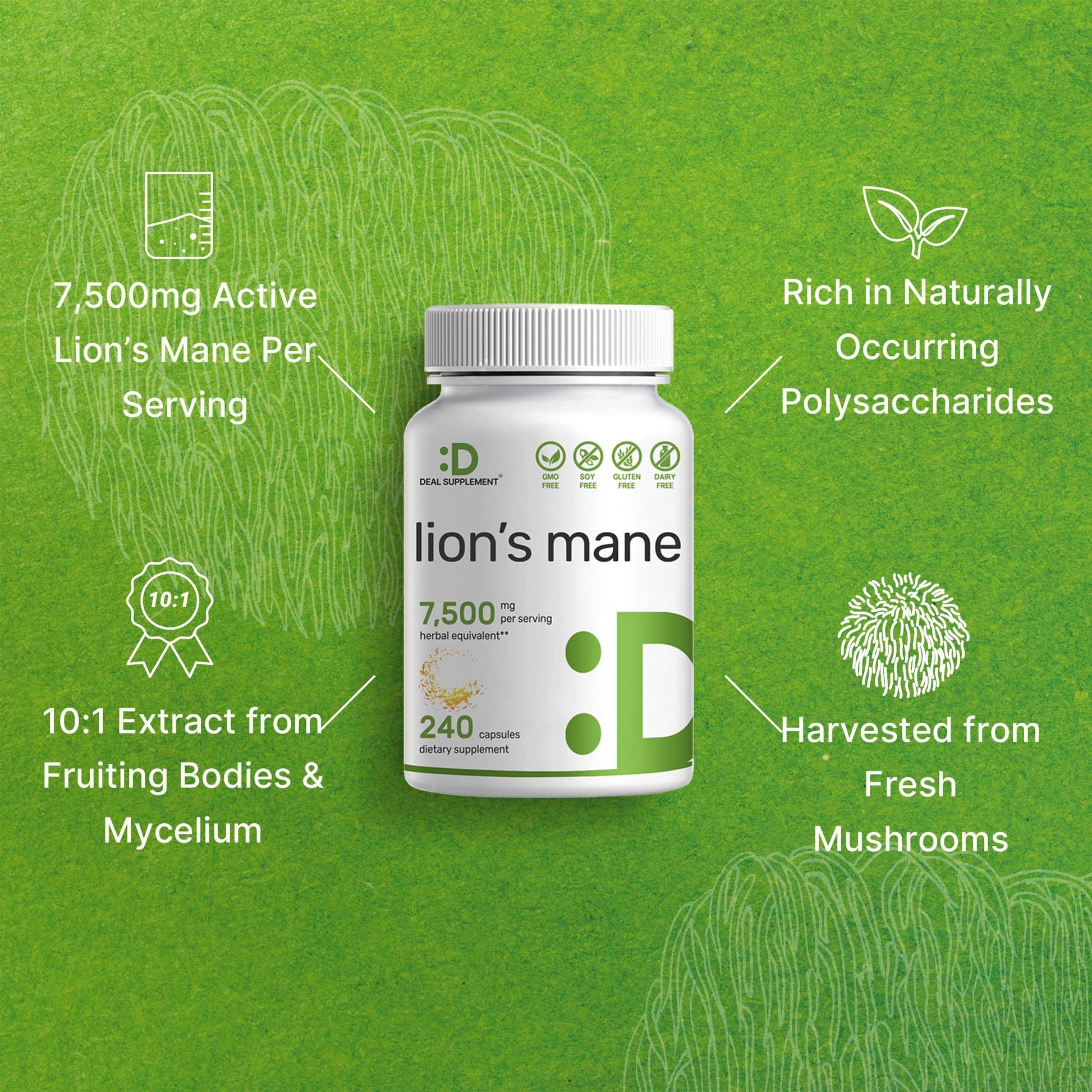 Lions Mane Mushroom Supplement, 7,500mg Per Serving, 240 Capsules – Active Fruiting DEAL SUPPLEMENT