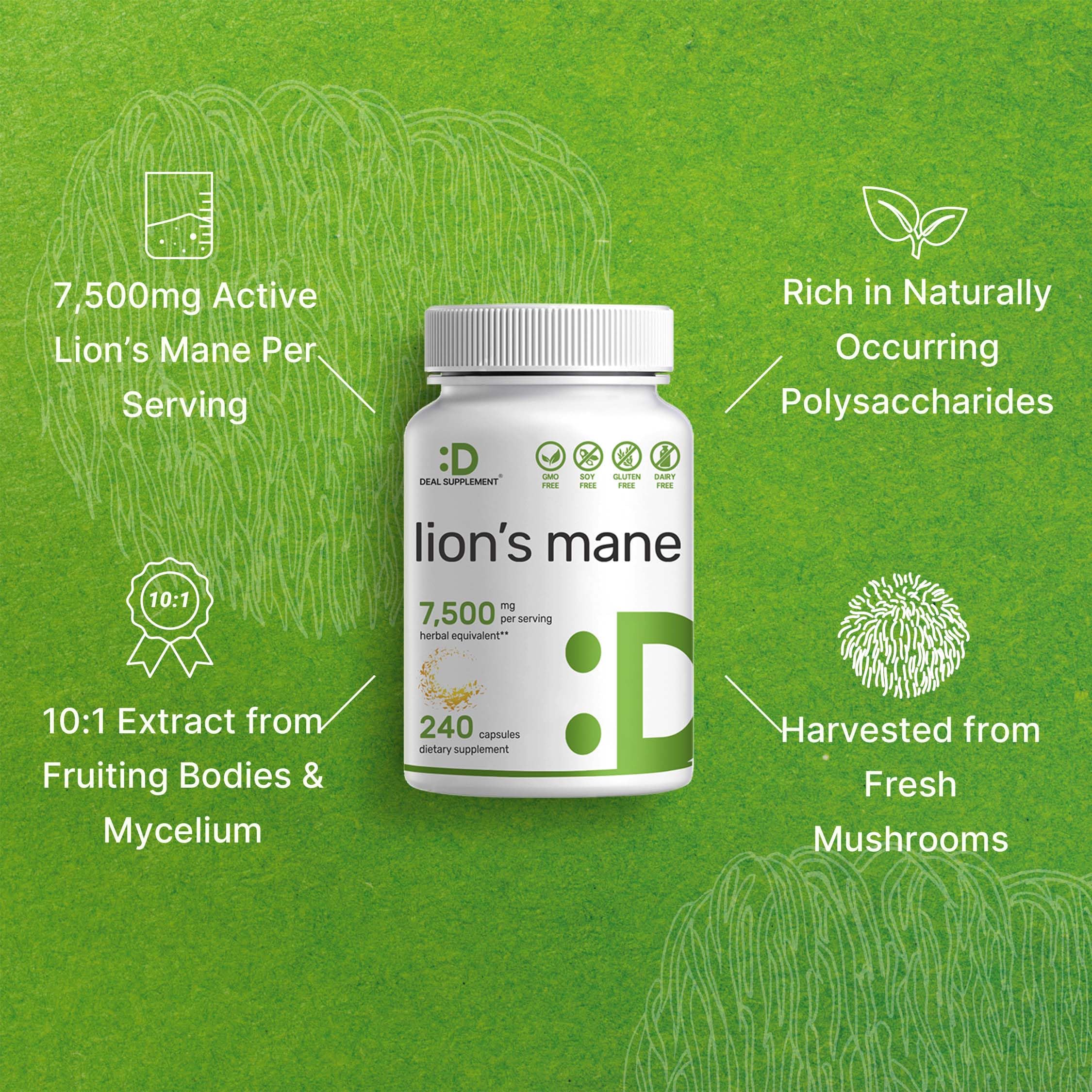 Lions Mane Mushroom Supplement, 7,500mg Per Serving, 240 Capsules – Active Fruiting DEAL SUPPLEMENT