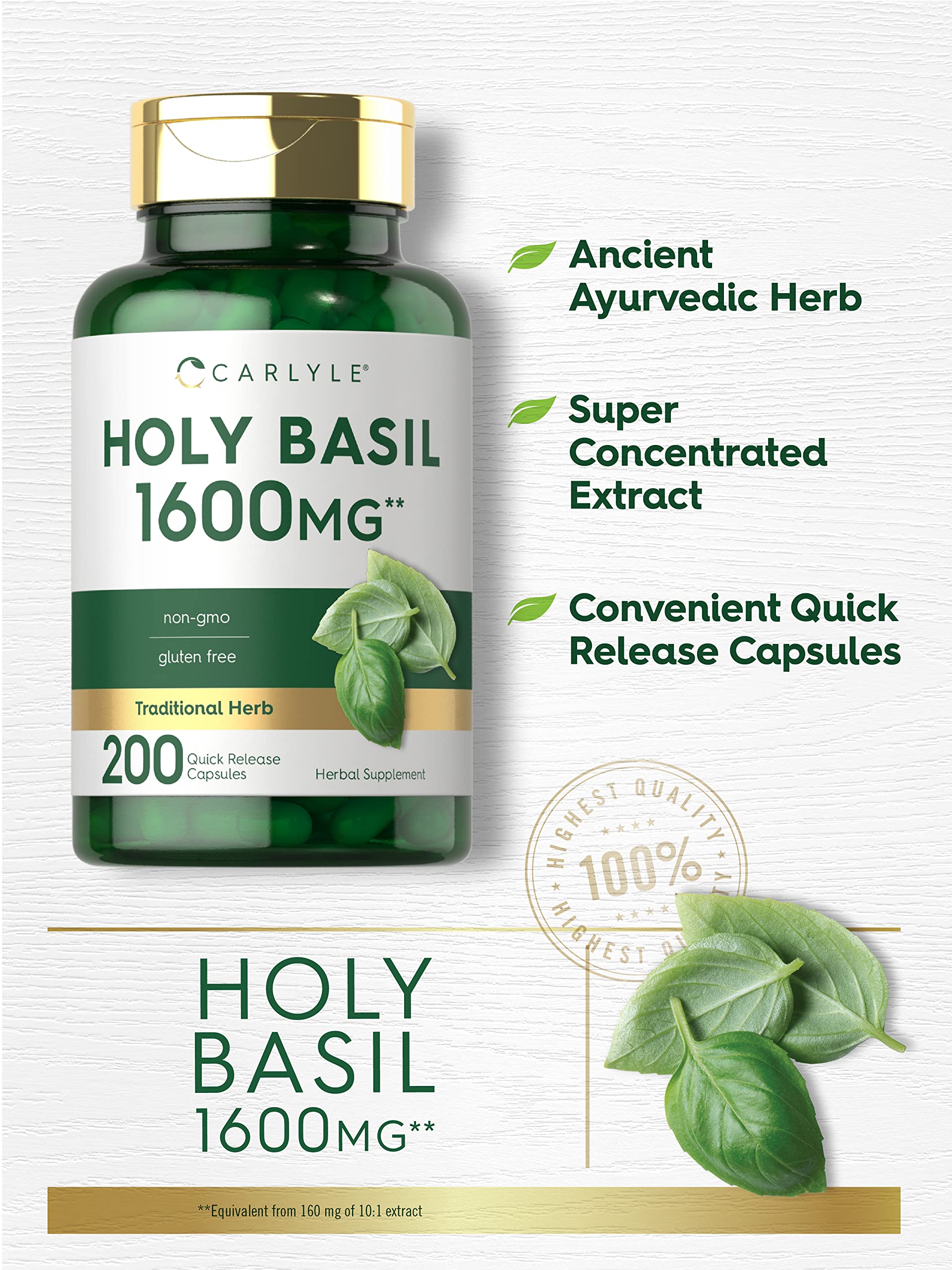 Carlyle Holy Basil Capsules 1600 mg | 200 Count | Tulsi Holy Basil Leaf Extract | Herbal Carlyle
