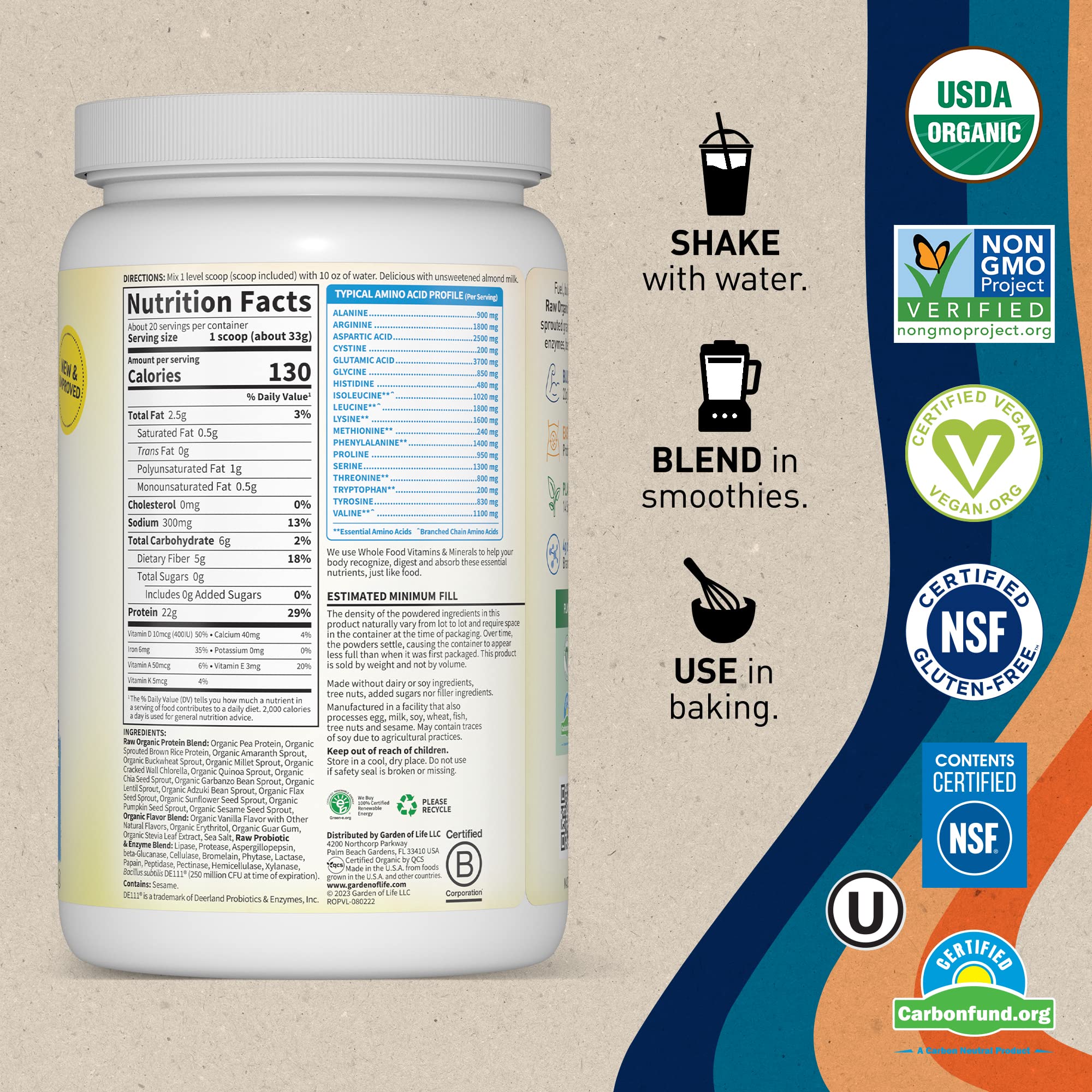 Organic Vegan Vanilla Protein Powder - Garden of Life – 22g Complete Plant Based Raw Garden of Life