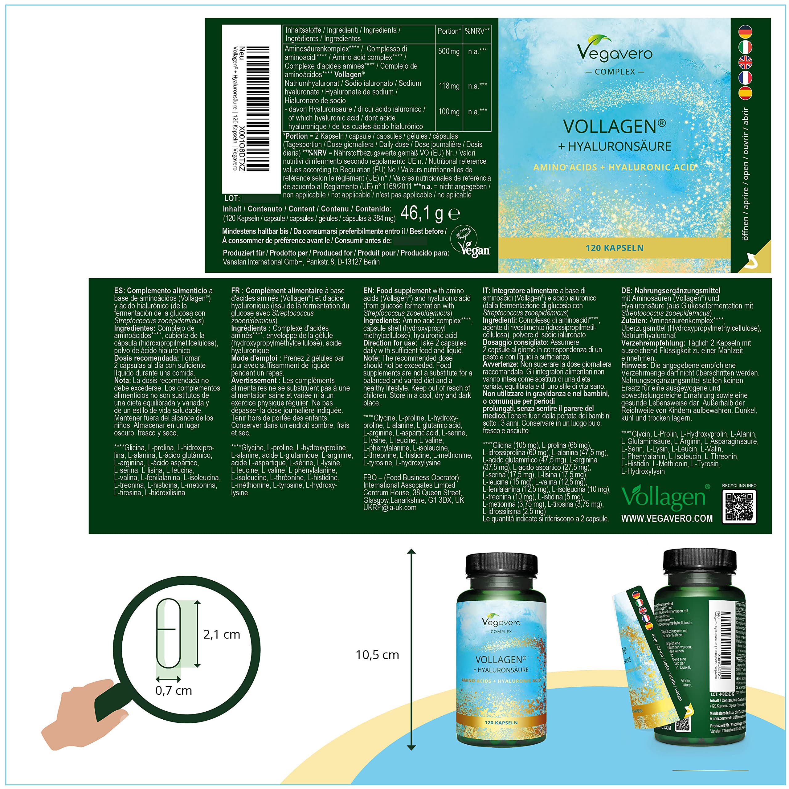 Vegavero Vegan Collagen Complex + Hyaluronic Acid | NO Additives | Vegan Collagen Powder Vollagen® | Essential Amino Acids | 120 Capsules Vegavero