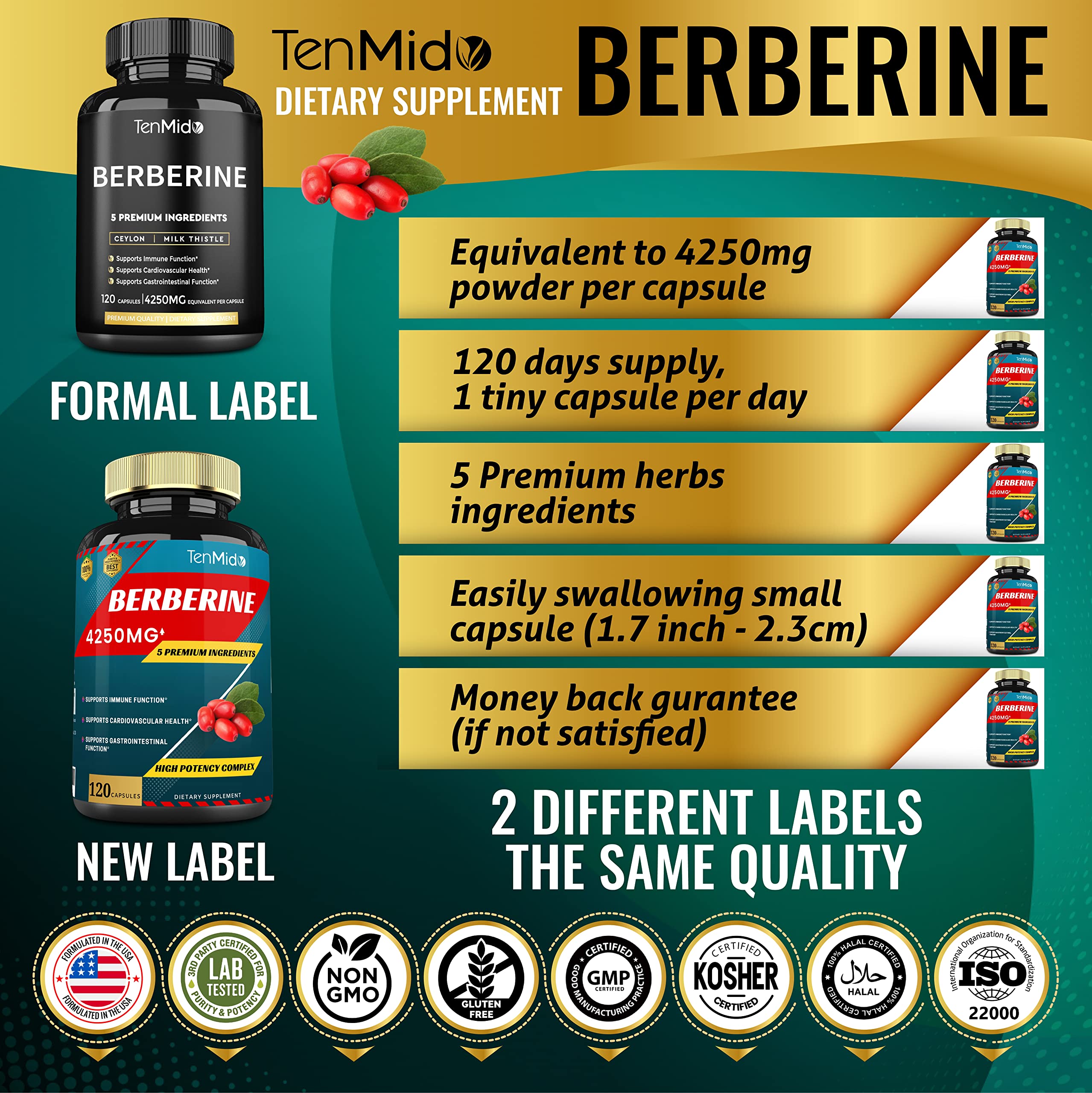 Berberine Extract Capsules 4250mg, 4 Months Supply & Ceylon, Milk Thistle, Turmeric Tenmido