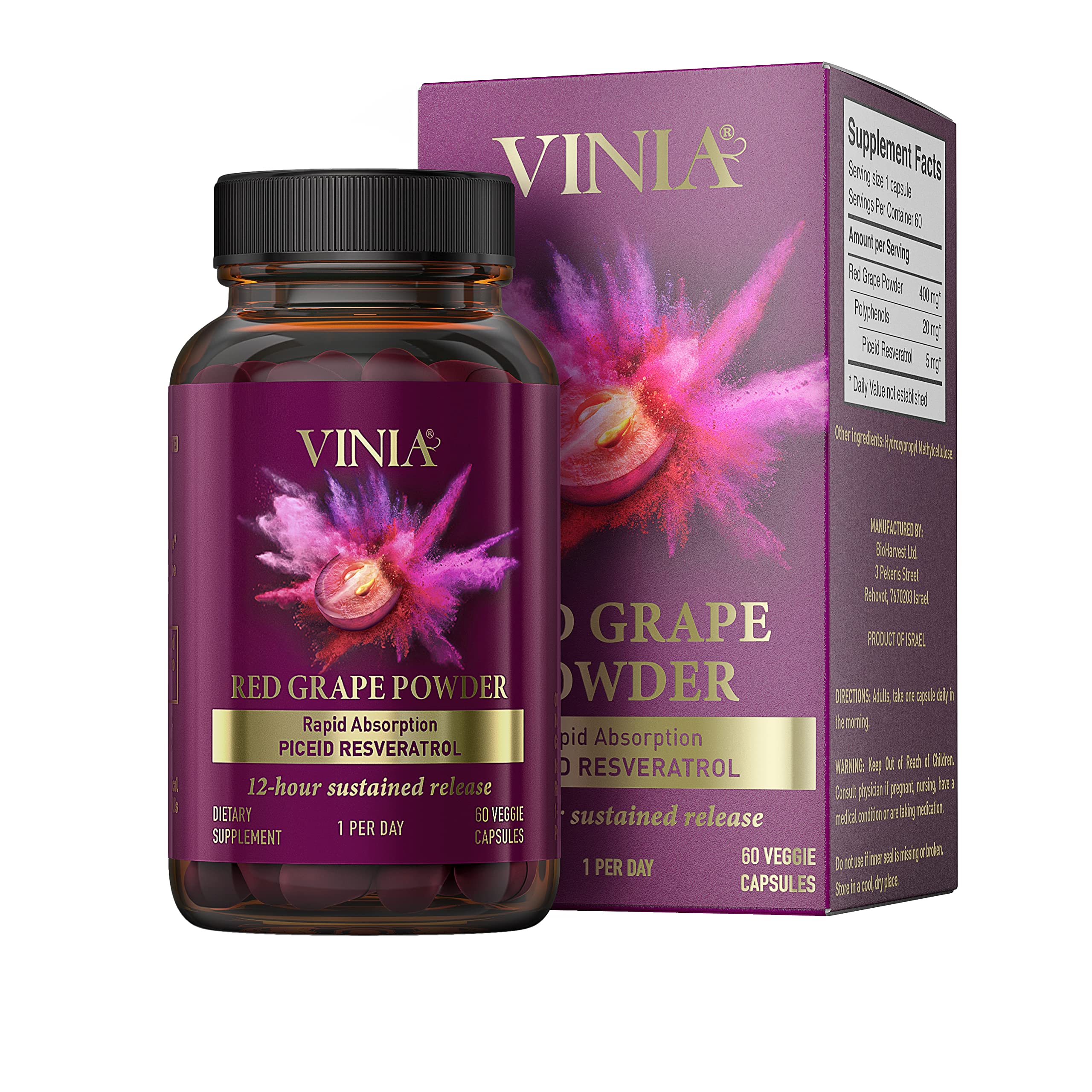 VINIA 12-Hour Sustained Release Piceid Resveratrol Supplement. Nitric Oxide Supplement