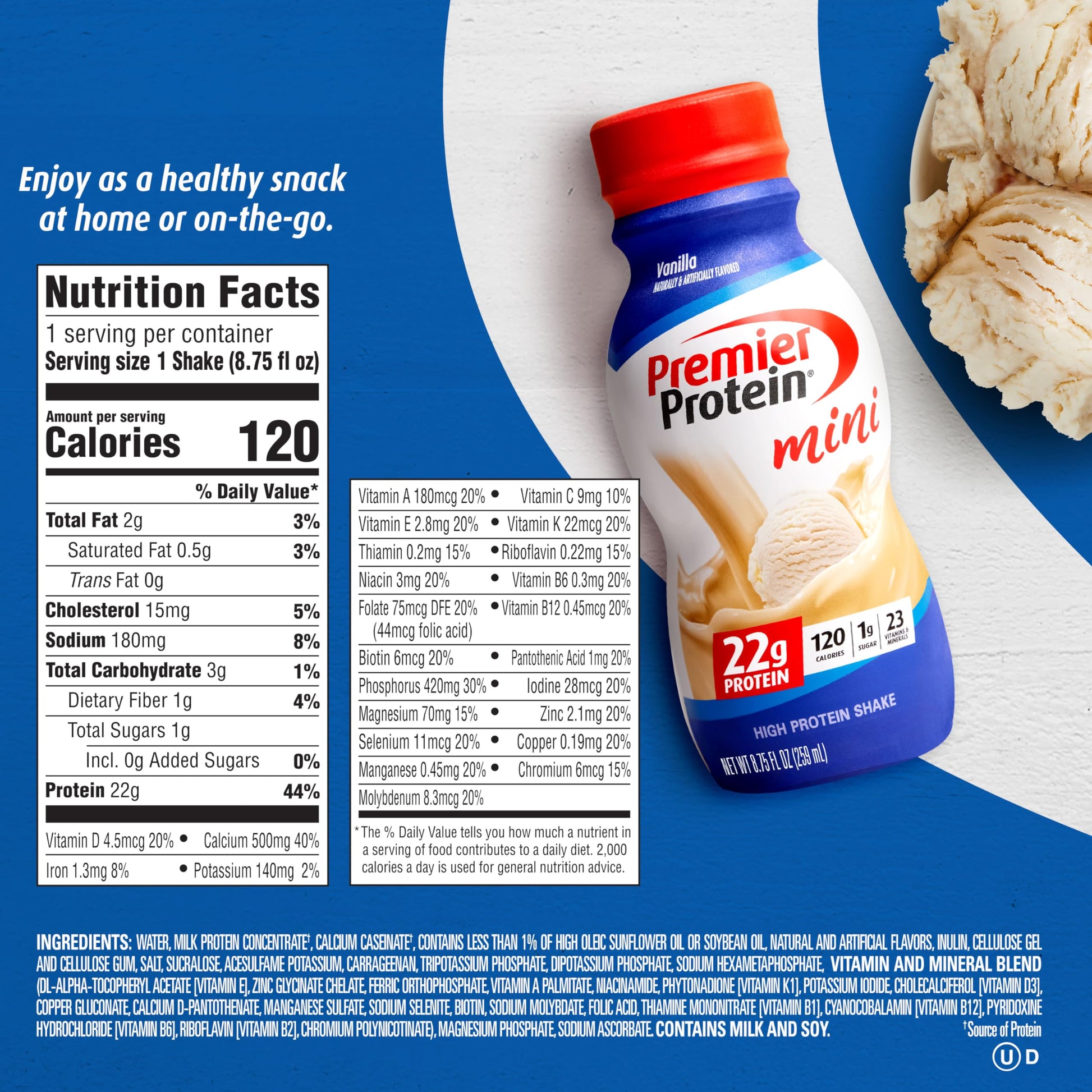 Premier Protein Shake MINIs, Vanilla, 22g Protein, 120 Calories, 1g Sugar, 8.75fl oz Premier Protein