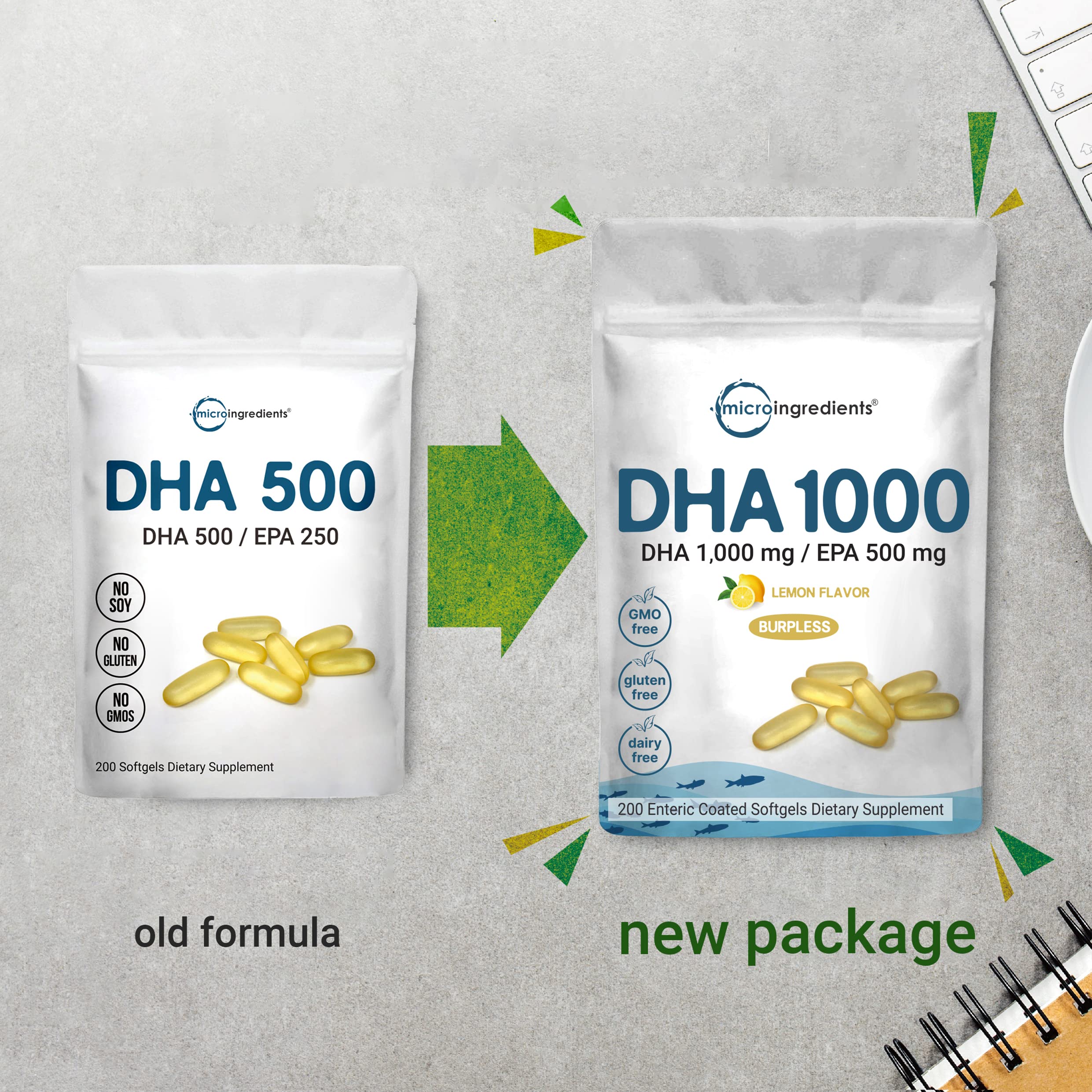 Omega 3 Fish Oil DHA Supplements 1000mg with EPA 500mg, 200 Softgels Micro Ingredients