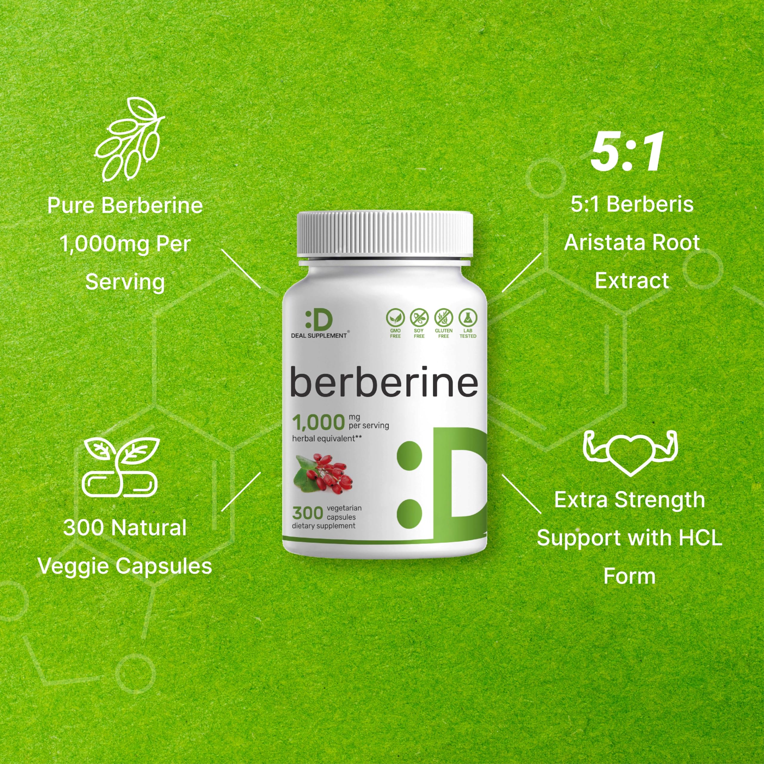 Berberine Supplement, 1,000mg Per Serving, 300 Veggie Capsules – 97% Pure Berberine DEAL SUPPLEMENT